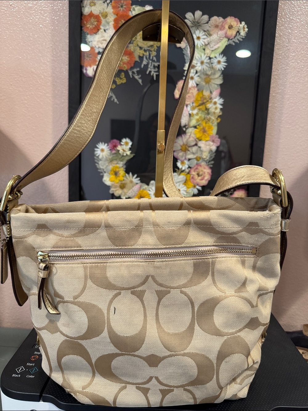Coach Tan & Cream Signature Canvas Shoulder Bag